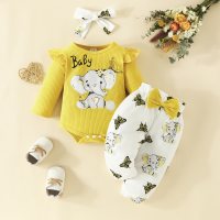 Baby Girl 3 Pieces Letter Elephant Pattern Bodysuit & Butterfly Pattern Pants & Headband  Ginger