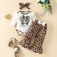 Baby Girl 3 Pieces Girl Letter Pattern Bodysuit & Leopard Pattern Flare Pants & Headband  White