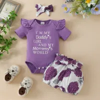 3-piece Baby Girl Letter Printed Short Sleeve Romper & Allover Floral Pattern Shorts & Headwrap  Purple