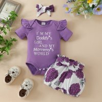 Mameluco de manga corta con estampado de letras para niña de 3 piezas y pantalones cortos y diadema con estampado floral  Púrpura