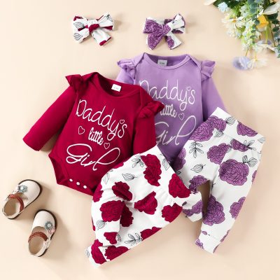 Bebé niña 3 piezas Body con estampado de letras, pantalones florales y diadema