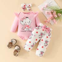 Macacão de manga comprida elefante bebê + calça elefante com bolinhas de coração  Rosa