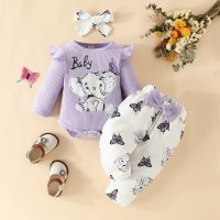 Baby Girl 3 Pieces Letter Elephant Pattern Bodysuit & Butterfly Pattern Pants & Headband  Purple