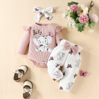 Baby Girl 3 Pieces Letter Elephant Pattern Bodysuit & Butterfly Pattern Pants & Headband  Pink