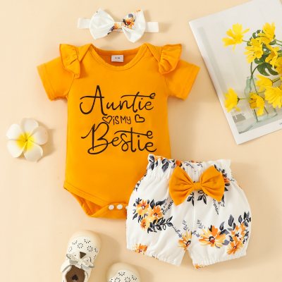 Baby Girl Letter Pattern Ruffle-sleeve Bodysuit & Floral Pattern Shorts & Headband 3 Pieces