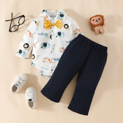Body e pantaloni con grafica animale carina in stile gentiluomo da 2 pezzi per neonato