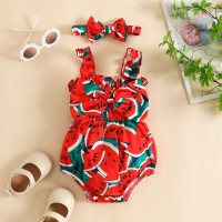 2-piece Baby Girl Allover Floral Printed Bowknot Decor Sleeveless Romper & Matching Headwrap  Red