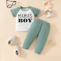Baby color-blocked letter short-sleeved trousers suit  Light Green