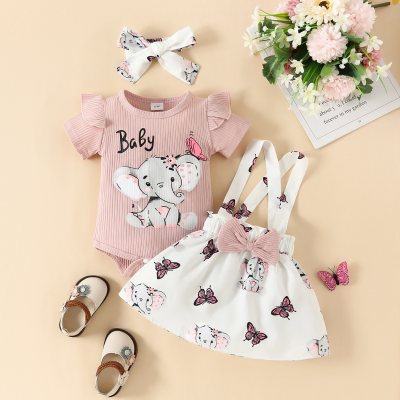 3-piece Baby Girl Letter and Elephant Printed Short Sleeve Romper & Allover Printing Bowknot Decor Suspender Skirt & Bowknot Headwrap