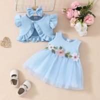 terno de vestido de malha para bebê  Azul claro