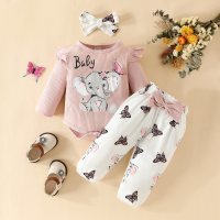 Baby Girl 3 Pieces Letter Elephant Pattern Bodysuit & Butterfly Pattern Pants & Headband  White
