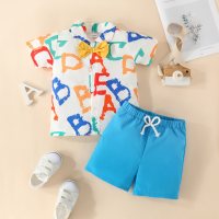 2-piece Toddler Boy Allover Letter Printed Short Sleeve Shirt & Solid Color Shorts  Blue