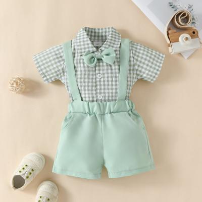 2-piece Baby Boy Plaid Bowtie Decor Short Sleeve Shirt & Solid Color Suspender Shorts