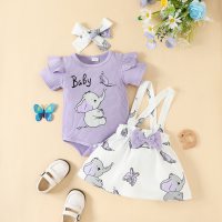 3-piece Baby Girl Letter and Elephant Printed Short Sleeve Romper & Allover Printing Bowknot Decor Suspender Dress & Headwrap  Purple