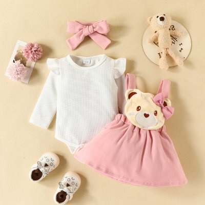 3-piece Baby Girl Solid Color Ribbed Long Fly Sleeve Romper & 3D Bear Decor Suspender Dress & Bowknot Headwrap