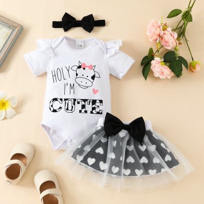 3-piece Baby Girl Letter and Cow Printed Short Sleeve Romper & Allover Heart Pattern Mesh Patchwork Bwknot Decor Skirt & Headwrap