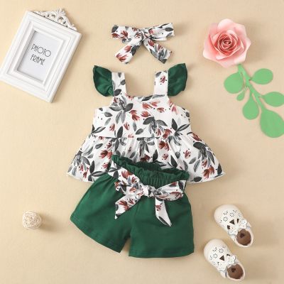 Baby Girl Sweet Floral Ruffle-sleeve Top & Solid Color Shorts with Headband