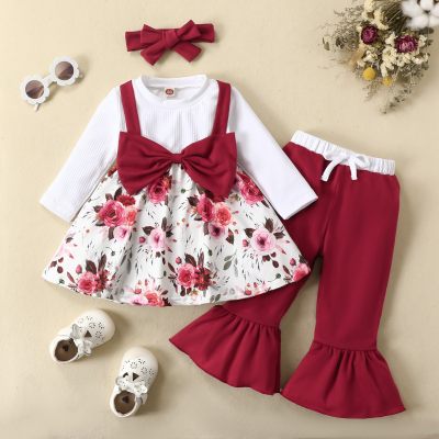 2-piece Baby Girl 2 in 1 Color-block Floral Patchwork Bowknot Decor Top & Flare Pantsl
