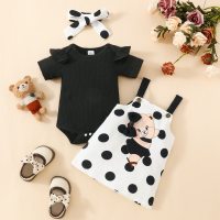Baby short-sleeved cartoon bear suspender skirt and headband 3-piece set  Black