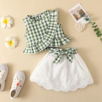 Baby Girl Plaid Ruffle Sleeve Top & Lace Skirt  Green