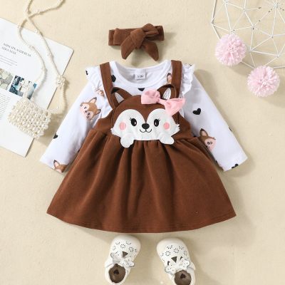 2-piece Baby Girl Fox Printed Long Fly Sleeve Romper & Solid Color Fox Style Bowknot Decor Strap Dress