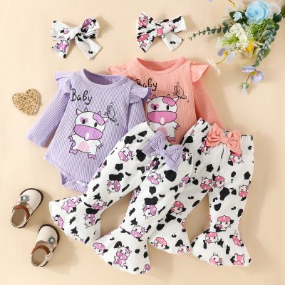 Baby Girl 3 Pieces Cattle Letter Pattern Bodysuit & Flare Pants & Headband