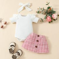 Macacão triangular de manga curta para bebê menina + saia + faixa de cabelo  Rosa