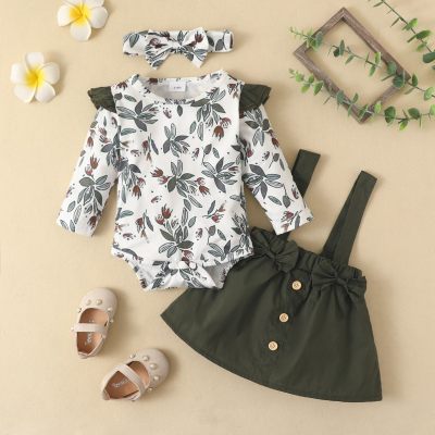 Baby Floral Printed Long-sleeve Romper & Overalls Dress With Headband
