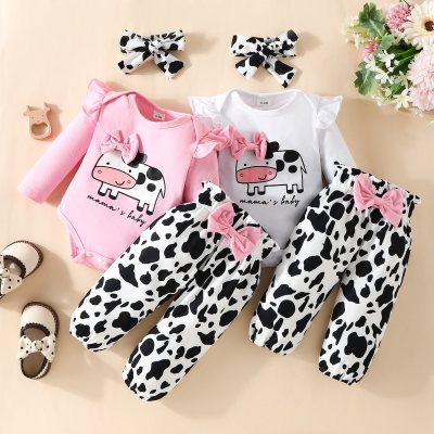 Baby Girl 3 Pieces Cattle Letter Pattern Bodysuit & Pants & Headband