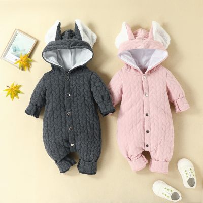 Baby Bunny Ears Decor Solid Color Jumpsuit