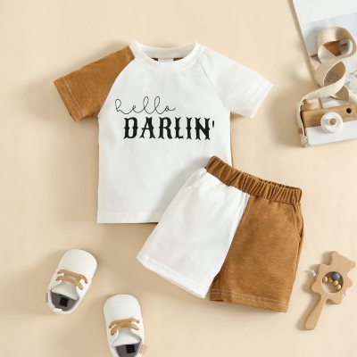 2-piece Baby Girl Color-block Patchwork Letter Printed Short Sleeve T-shirt & Matching Shorts
