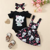 Baby cute cat print short-sleeved top + suspender skirt + hairband 3-piece set  Black