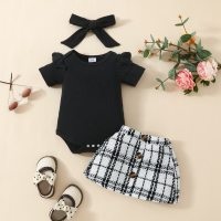 Baby Girl Short Sleeve Triangle Romper + Skirt + Hairband  Black