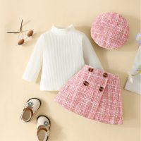 Baby Girl 3 Pieces Solid Color T-shirt & Plaid Skirts & Hat  Pink