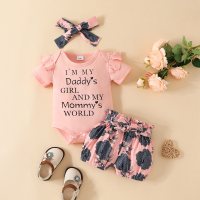 3-piece Baby Girl Letter Printed Short Sleeve Romper & Allover Floral Pattern Shorts & Headwrap  Pink