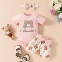 Baby-Strampler mit Cartoon-Bären-Stickerei, kurzärmelig, dreieckig, Shorts mit Schleife  Rosa