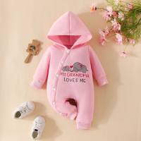 Baby Girl Solid Color Elephant Letter Pattern Long-sleeved Hooded Jumpsuit  Pink