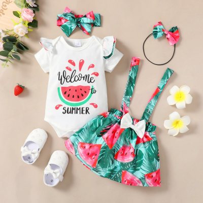3-piece Baby Girl Letter and Watermelon Printed Short Sleeve Romper & Allover Watermelon Printed Bowknot Decor Suspender Skirt & Headwrap