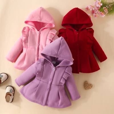Baby Girl Solid Color Ruffles Embellished Thick Hooded Coat