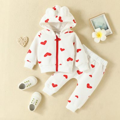 2-piece Baby Girl Pure Cotton Allover Heart Pattern Zip-up Hooded Jacket & Pants