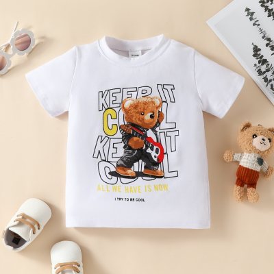 T-shirt a maniche corte con stampa lettera e orso per bambini