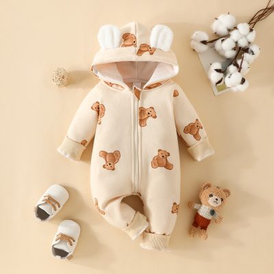 Baby Cute Bear Printed Fleece-lined Zipper Long-sleeved Hooded Jumpsuit