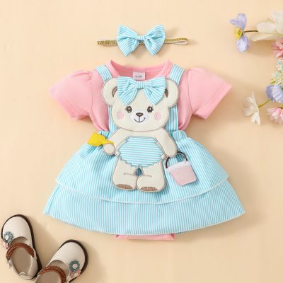 Cute bear baby embroidered short-sleeved triangle dress + headband