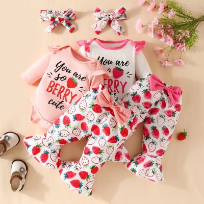 Baby Girl Cute Letter Strawberry Pattern Bodysuit & Bow-knot Decor Flare Pants & Headband