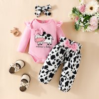 Baby Girl 3 Pieces Cattle Letter Pattern Bodysuit & Pants & Headband  Pink