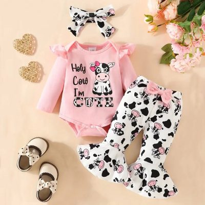 Baby Girl 3 Pieces Cute Cow Letter Pattern Bodysuit & Flare Pants & Headband
