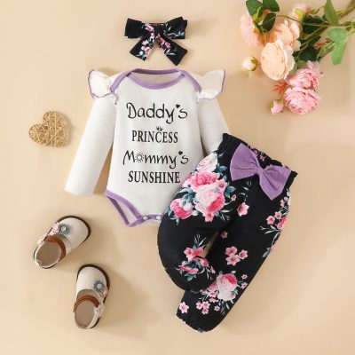 Baby Girl's 3 Pcs "Daddy's PRINCESS Mommy's SUNSHINE"Print Romper & Floral Print Bowknot Pants & Headband Outfit for Autumn Spring