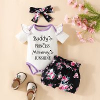 Baby Girl Letter Pattern Ruffle-sleeve Bodysuit & Floral Pattern Shorts & Headband 3 Pieces  White