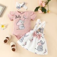 3-piece Baby Girl Letter and Elephant Printed Short Sleeve Romper & Allover Printing Bowknot Decor Suspender Dress & Headwrap  Pink