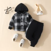 Bebé niño 2 piezas suéter con capucha a cuadros y pantalones de color sólido  Negro